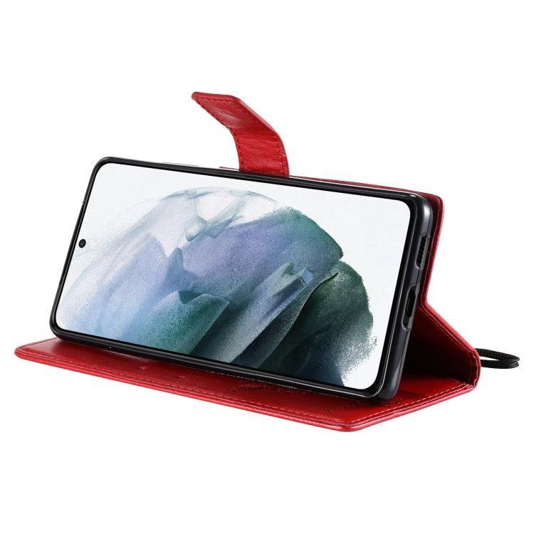 For Samsung Galaxy S21+ 5G Tree & Cat Pattern Pressed Printing Horizontal Flip PU Leather Case with Holder & Card Slots & Wallet & Lanyard(Red) by buy2fix