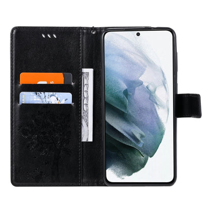 For Samsung Galaxy S21+ 5G Tree & Cat Pattern Pressed Printing Horizontal Flip PU Leather Case with Holder & Card Slots & Wallet & Lanyard(Black) by buy2fix
