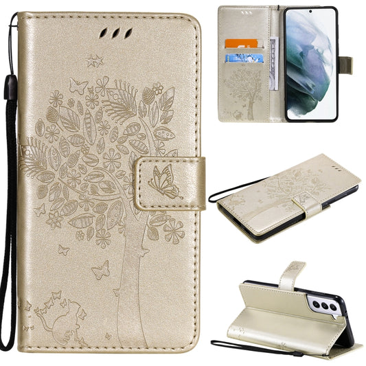 For Samsung Galaxy S21+ 5G Tree & Cat Pattern Pressed Printing Horizontal Flip PU Leather Case with Holder & Card Slots & Wallet & Lanyard(Gold) by buy2fix