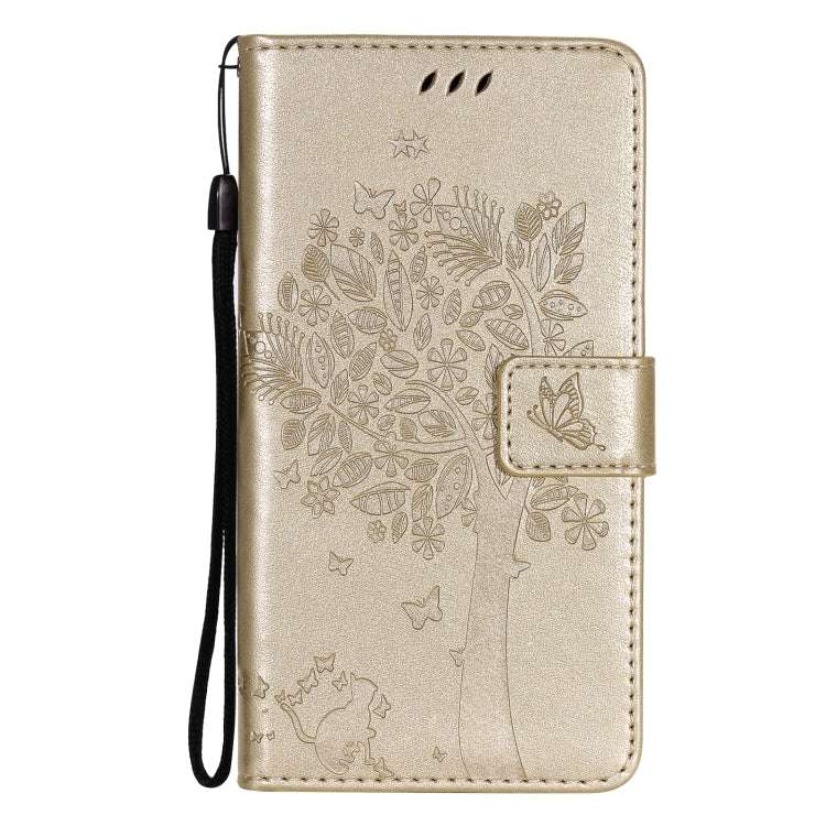 For Samsung Galaxy S21+ 5G Tree & Cat Pattern Pressed Printing Horizontal Flip PU Leather Case with Holder & Card Slots & Wallet & Lanyard(Gold) by buy2fix