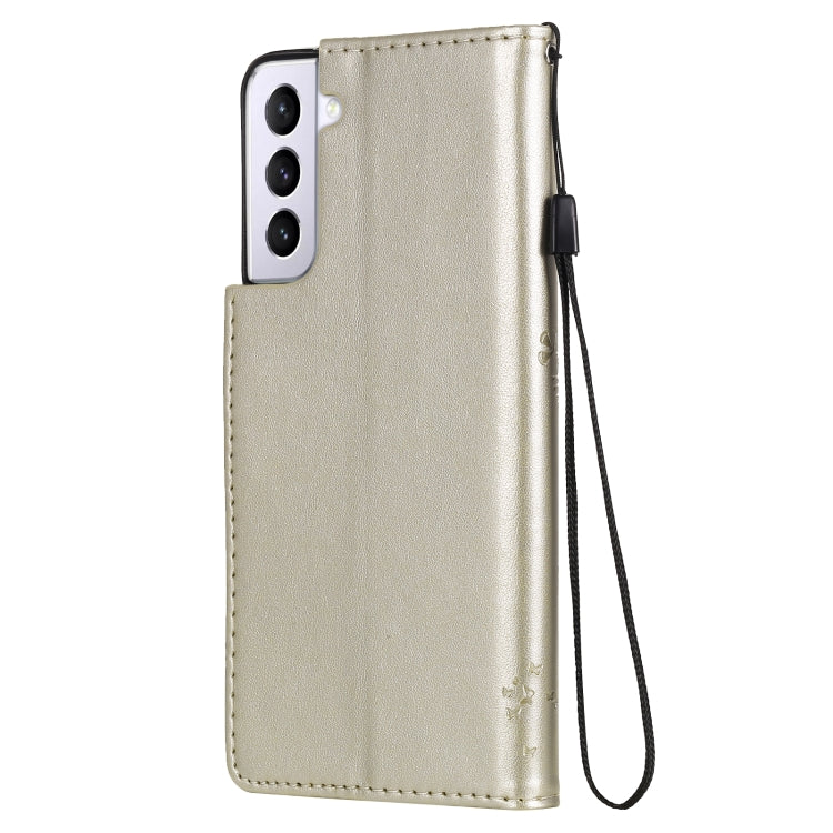 For Samsung Galaxy S21+ 5G Tree & Cat Pattern Pressed Printing Horizontal Flip PU Leather Case with Holder & Card Slots & Wallet & Lanyard(Gold) by buy2fix