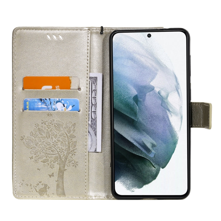 For Samsung Galaxy S21+ 5G Tree & Cat Pattern Pressed Printing Horizontal Flip PU Leather Case with Holder & Card Slots & Wallet & Lanyard(Gold) by buy2fix