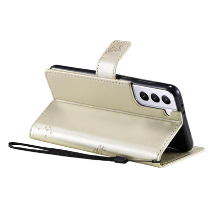 For Samsung Galaxy S21+ 5G Tree & Cat Pattern Pressed Printing Horizontal Flip PU Leather Case with Holder & Card Slots & Wallet & Lanyard(Gold) by buy2fix