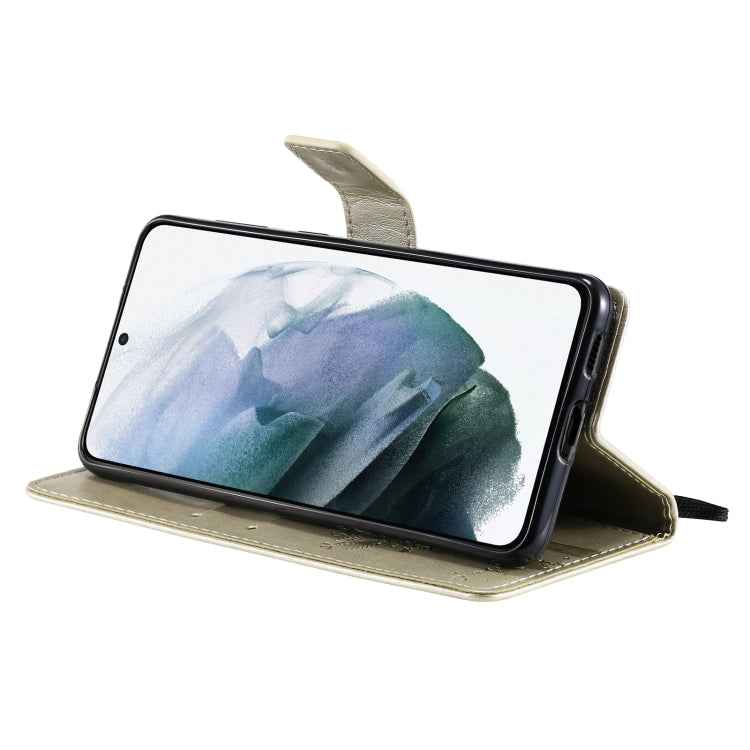 For Samsung Galaxy S21+ 5G Tree & Cat Pattern Pressed Printing Horizontal Flip PU Leather Case with Holder & Card Slots & Wallet & Lanyard(Gold) by buy2fix