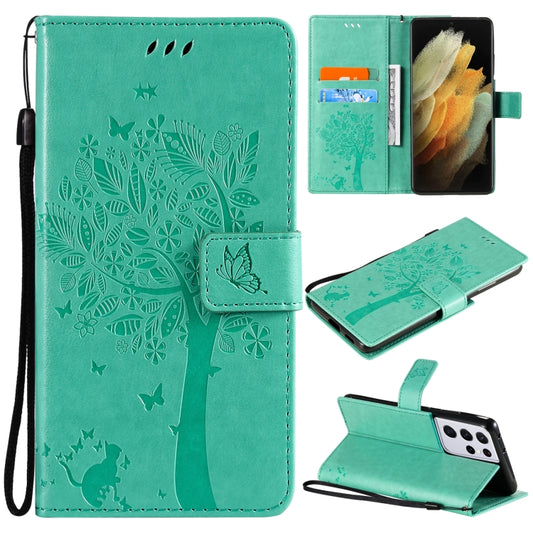 For Samsung Galaxy S21 Ultra 5G Tree & Cat Pattern Pressed Printing Horizontal Flip PU Leather Case with Holder & Card Slots & Wallet & Lanyard(Green) by buy2fix
