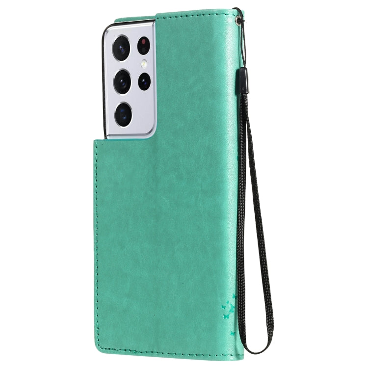 For Samsung Galaxy S21 Ultra 5G Tree & Cat Pattern Pressed Printing Horizontal Flip PU Leather Case with Holder & Card Slots & Wallet & Lanyard(Green) by buy2fix