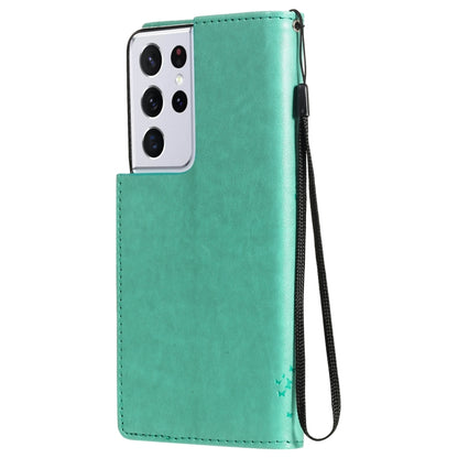 For Samsung Galaxy S21 Ultra 5G Tree & Cat Pattern Pressed Printing Horizontal Flip PU Leather Case with Holder & Card Slots & Wallet & Lanyard(Green) by buy2fix