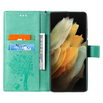 For Samsung Galaxy S21 Ultra 5G Tree & Cat Pattern Pressed Printing Horizontal Flip PU Leather Case with Holder & Card Slots & Wallet & Lanyard(Green) by buy2fix