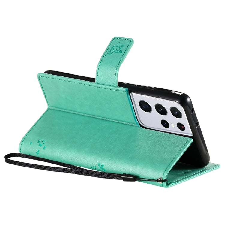For Samsung Galaxy S21 Ultra 5G Tree & Cat Pattern Pressed Printing Horizontal Flip PU Leather Case with Holder & Card Slots & Wallet & Lanyard(Green) by buy2fix