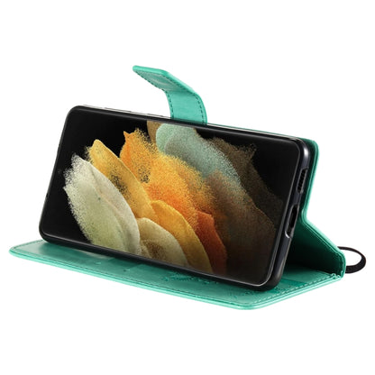 For Samsung Galaxy S21 Ultra 5G Tree & Cat Pattern Pressed Printing Horizontal Flip PU Leather Case with Holder & Card Slots & Wallet & Lanyard(Green) by buy2fix