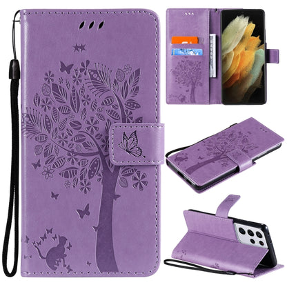 For Samsung Galaxy S21 Ultra 5G Tree & Cat Pattern Pressed Printing Horizontal Flip PU Leather Case with Holder & Card Slots & Wallet & Lanyard(Lavender) by buy2fix