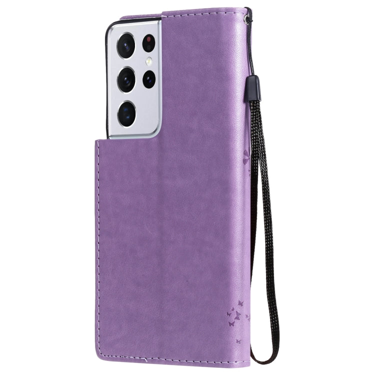 For Samsung Galaxy S21 Ultra 5G Tree & Cat Pattern Pressed Printing Horizontal Flip PU Leather Case with Holder & Card Slots & Wallet & Lanyard(Lavender) by buy2fix