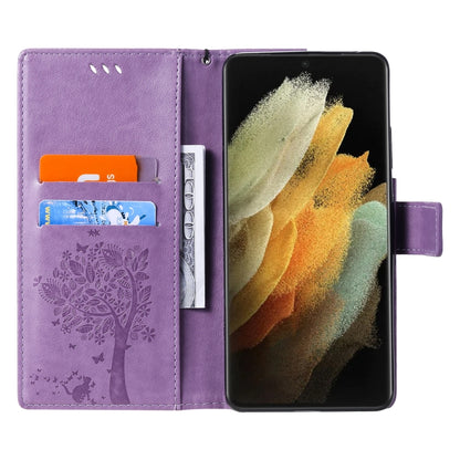 For Samsung Galaxy S21 Ultra 5G Tree & Cat Pattern Pressed Printing Horizontal Flip PU Leather Case with Holder & Card Slots & Wallet & Lanyard(Lavender) by buy2fix