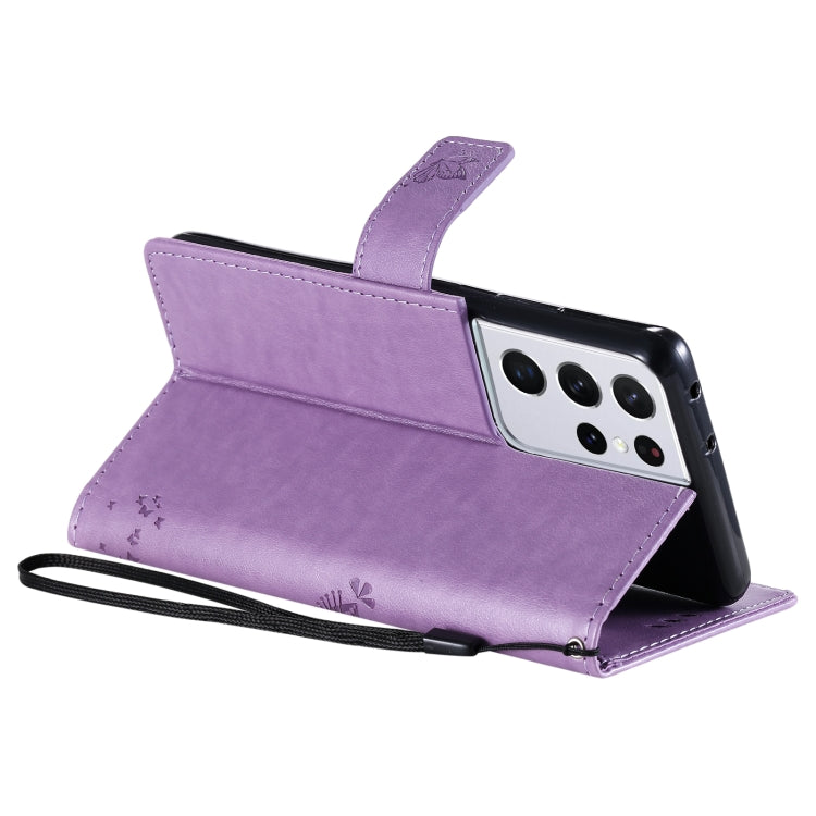 For Samsung Galaxy S21 Ultra 5G Tree & Cat Pattern Pressed Printing Horizontal Flip PU Leather Case with Holder & Card Slots & Wallet & Lanyard(Lavender) by buy2fix