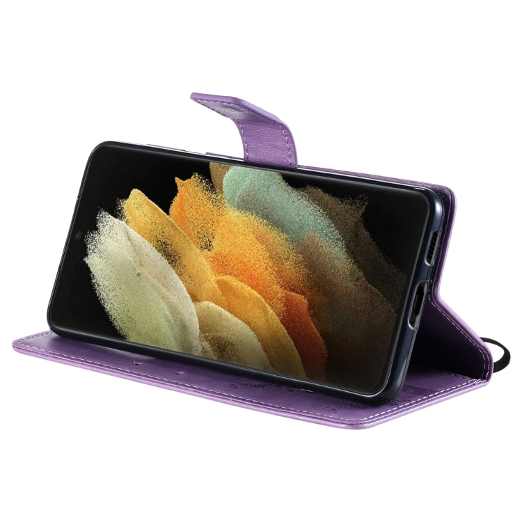 For Samsung Galaxy S21 Ultra 5G Tree & Cat Pattern Pressed Printing Horizontal Flip PU Leather Case with Holder & Card Slots & Wallet & Lanyard(Lavender) by buy2fix