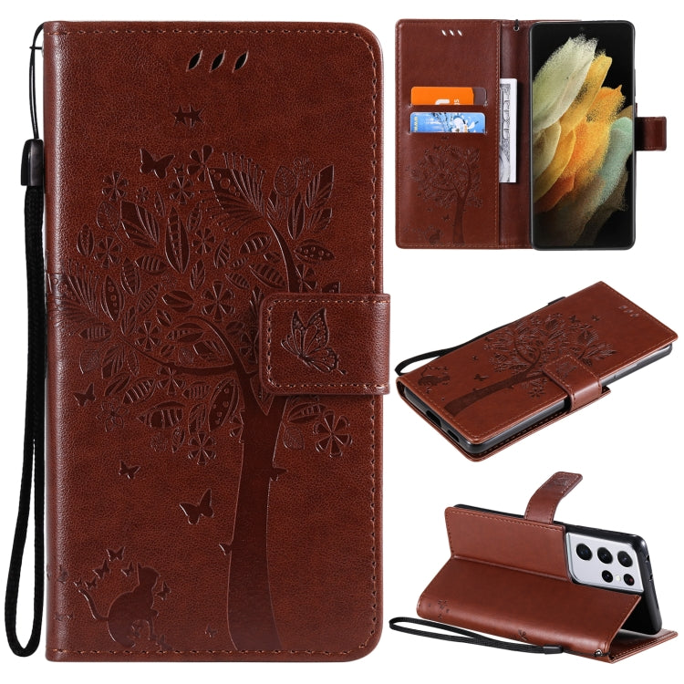 For Samsung Galaxy S21 Ultra 5G Tree & Cat Pattern Pressed Printing Horizontal Flip PU Leather Case with Holder & Card Slots & Wallet & Lanyard(Coffee) by buy2fix