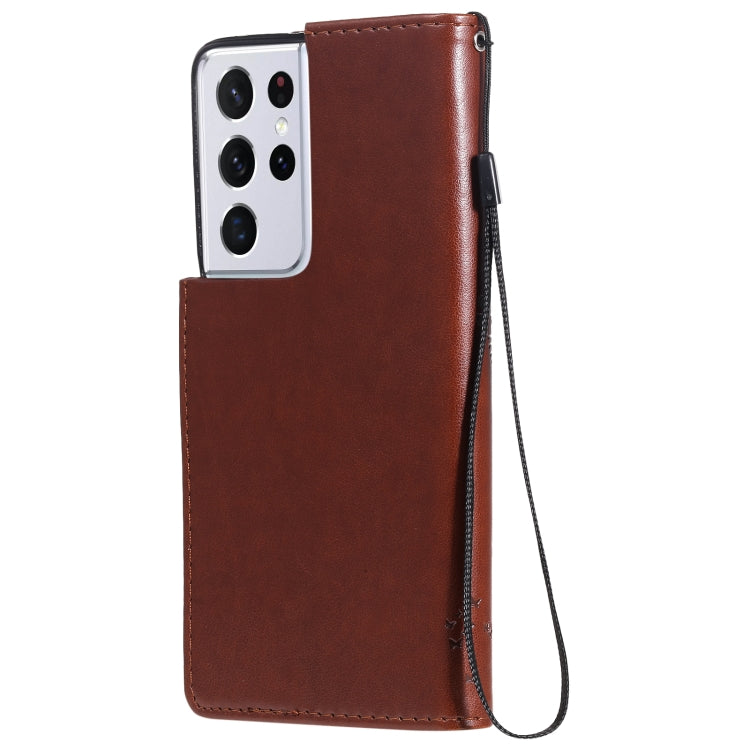 For Samsung Galaxy S21 Ultra 5G Tree & Cat Pattern Pressed Printing Horizontal Flip PU Leather Case with Holder & Card Slots & Wallet & Lanyard(Coffee) by buy2fix