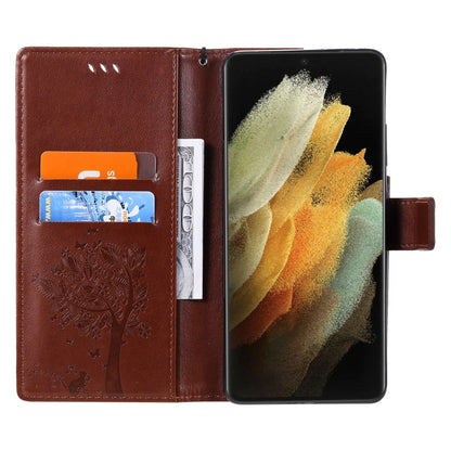 For Samsung Galaxy S21 Ultra 5G Tree & Cat Pattern Pressed Printing Horizontal Flip PU Leather Case with Holder & Card Slots & Wallet & Lanyard(Coffee) by buy2fix