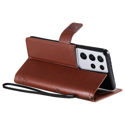 For Samsung Galaxy S21 Ultra 5G Tree & Cat Pattern Pressed Printing Horizontal Flip PU Leather Case with Holder & Card Slots & Wallet & Lanyard(Coffee) by buy2fix