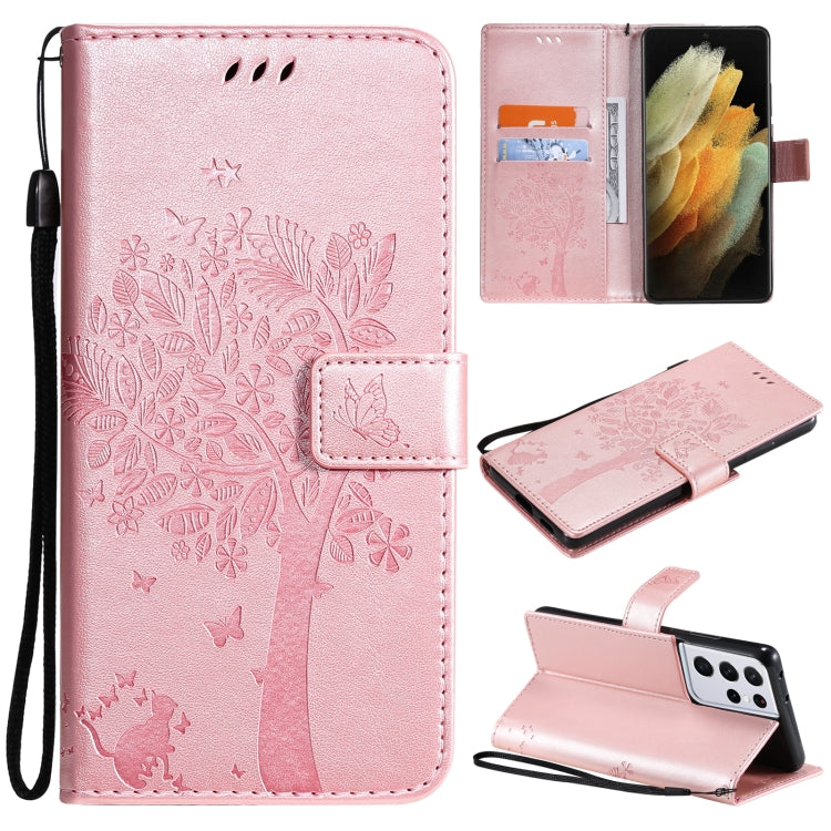 For Samsung Galaxy S21 Ultra 5G Tree & Cat Pattern Pressed Printing Horizontal Flip PU Leather Case with Holder & Card Slots & Wallet & Lanyard(Rose gold) by buy2fix