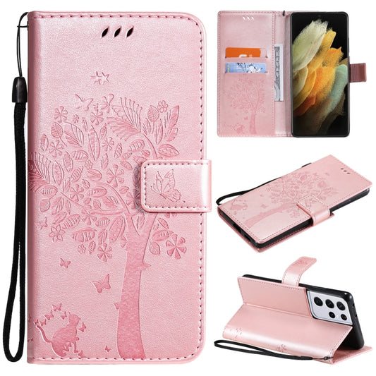 For Samsung Galaxy S21 Ultra 5G Tree & Cat Pattern Pressed Printing Horizontal Flip PU Leather Case with Holder & Card Slots & Wallet & Lanyard(Rose gold) by buy2fix