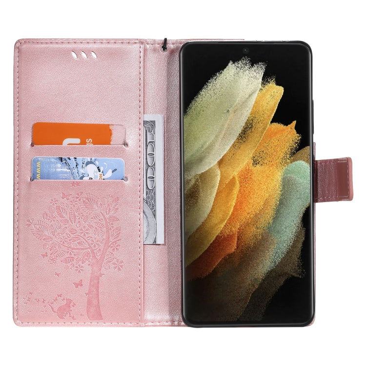 For Samsung Galaxy S21 Ultra 5G Tree & Cat Pattern Pressed Printing Horizontal Flip PU Leather Case with Holder & Card Slots & Wallet & Lanyard(Rose gold) by buy2fix