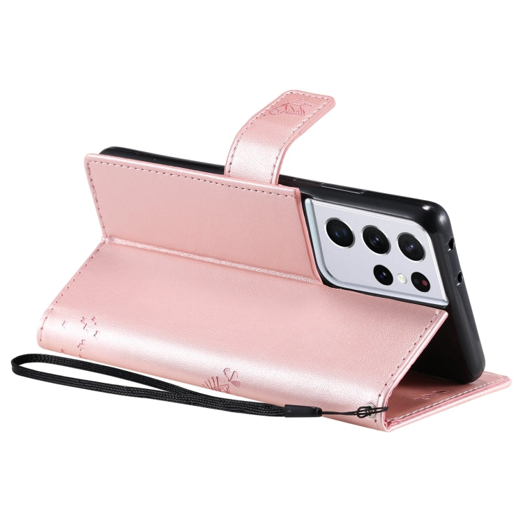 For Samsung Galaxy S21 Ultra 5G Tree & Cat Pattern Pressed Printing Horizontal Flip PU Leather Case with Holder & Card Slots & Wallet & Lanyard(Rose gold) by buy2fix
