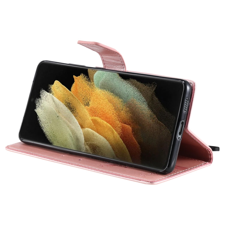 For Samsung Galaxy S21 Ultra 5G Tree & Cat Pattern Pressed Printing Horizontal Flip PU Leather Case with Holder & Card Slots & Wallet & Lanyard(Rose gold) by buy2fix