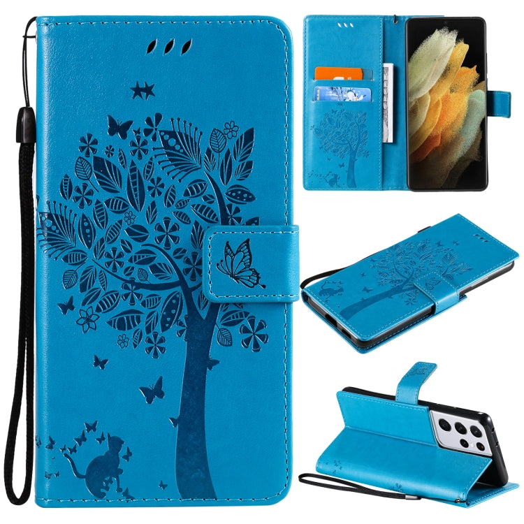 For Samsung Galaxy S21 Ultra 5G Tree & Cat Pattern Pressed Printing Horizontal Flip PU Leather Case with Holder & Card Slots & Wallet & Lanyard(Blue) by buy2fix