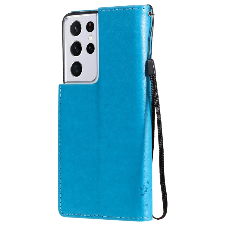For Samsung Galaxy S21 Ultra 5G Tree & Cat Pattern Pressed Printing Horizontal Flip PU Leather Case with Holder & Card Slots & Wallet & Lanyard(Blue) by buy2fix