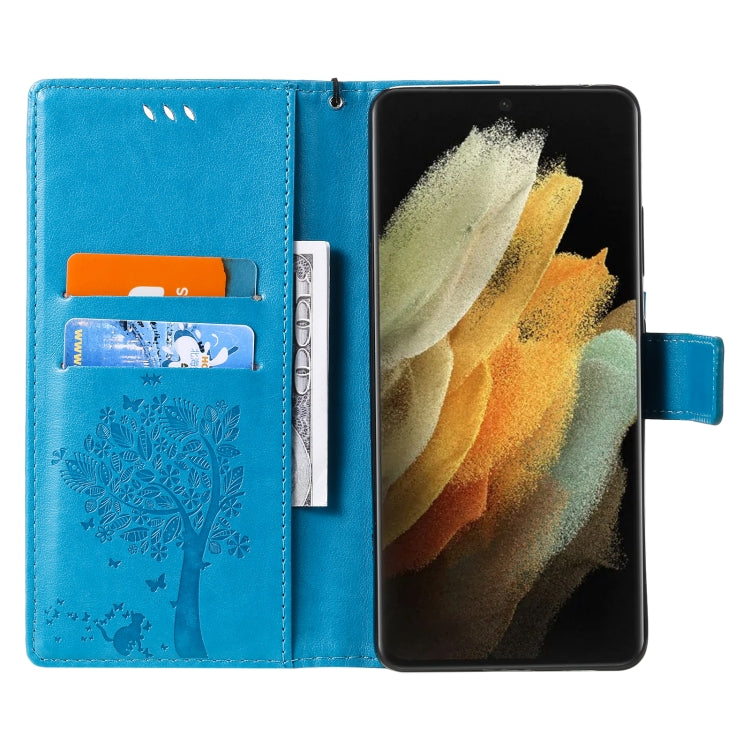 For Samsung Galaxy S21 Ultra 5G Tree & Cat Pattern Pressed Printing Horizontal Flip PU Leather Case with Holder & Card Slots & Wallet & Lanyard(Blue) by buy2fix