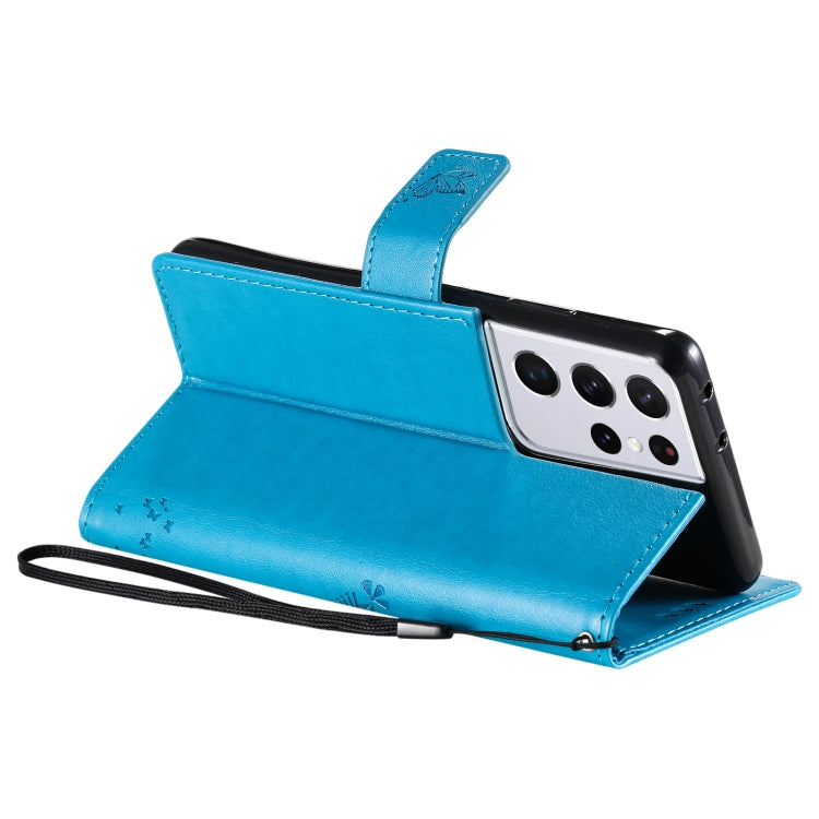 For Samsung Galaxy S21 Ultra 5G Tree & Cat Pattern Pressed Printing Horizontal Flip PU Leather Case with Holder & Card Slots & Wallet & Lanyard(Blue) by buy2fix