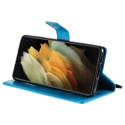 For Samsung Galaxy S21 Ultra 5G Tree & Cat Pattern Pressed Printing Horizontal Flip PU Leather Case with Holder & Card Slots & Wallet & Lanyard(Blue) by buy2fix