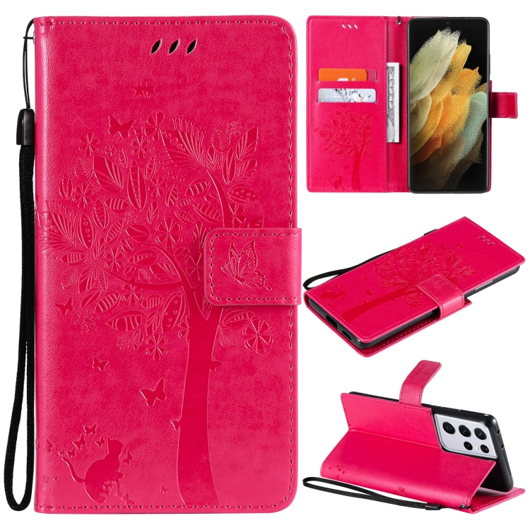 For Samsung Galaxy S21 Ultra 5G Tree & Cat Pattern Pressed Printing Horizontal Flip PU Leather Case with Holder & Card Slots & Wallet & Lanyard(Rose) by buy2fix