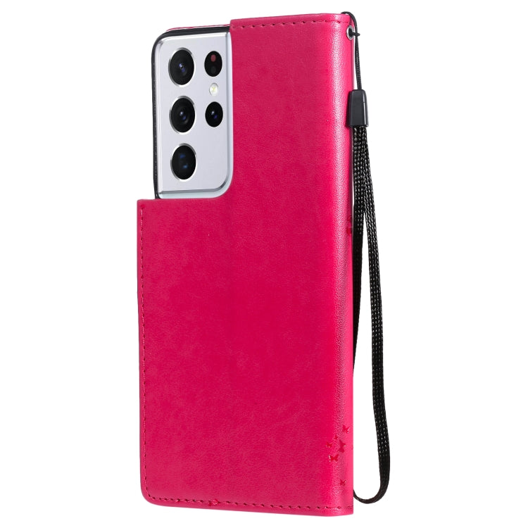 For Samsung Galaxy S21 Ultra 5G Tree & Cat Pattern Pressed Printing Horizontal Flip PU Leather Case with Holder & Card Slots & Wallet & Lanyard(Rose) by buy2fix
