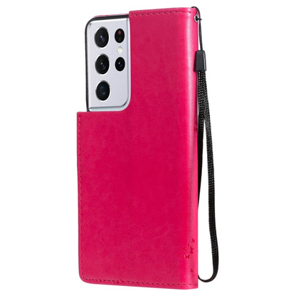For Samsung Galaxy S21 Ultra 5G Tree & Cat Pattern Pressed Printing Horizontal Flip PU Leather Case with Holder & Card Slots & Wallet & Lanyard(Rose) by buy2fix