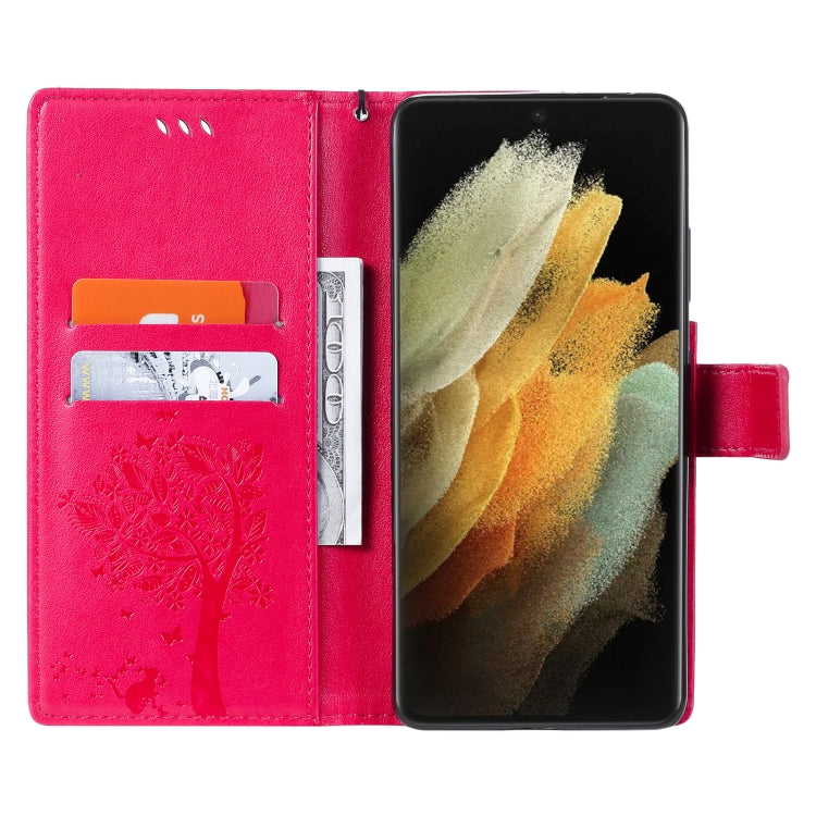 For Samsung Galaxy S21 Ultra 5G Tree & Cat Pattern Pressed Printing Horizontal Flip PU Leather Case with Holder & Card Slots & Wallet & Lanyard(Rose) by buy2fix