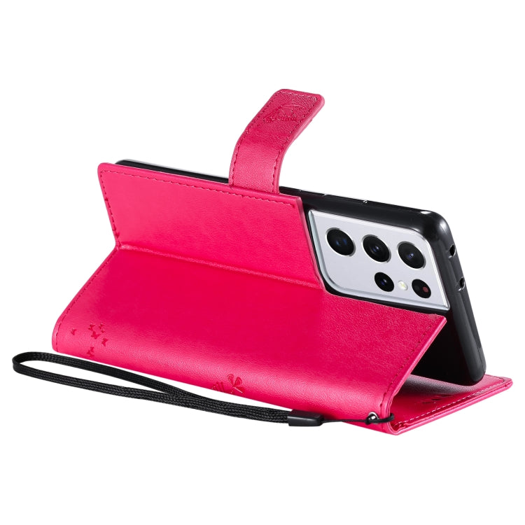 For Samsung Galaxy S21 Ultra 5G Tree & Cat Pattern Pressed Printing Horizontal Flip PU Leather Case with Holder & Card Slots & Wallet & Lanyard(Rose) by buy2fix