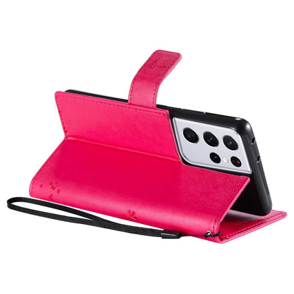 For Samsung Galaxy S21 Ultra 5G Tree & Cat Pattern Pressed Printing Horizontal Flip PU Leather Case with Holder & Card Slots & Wallet & Lanyard(Rose) by buy2fix