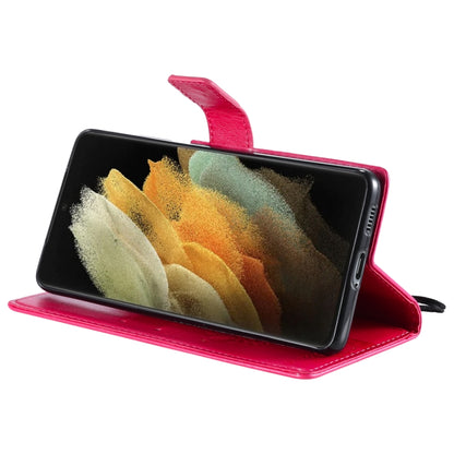 For Samsung Galaxy S21 Ultra 5G Tree & Cat Pattern Pressed Printing Horizontal Flip PU Leather Case with Holder & Card Slots & Wallet & Lanyard(Rose) by buy2fix