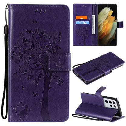 For Samsung Galaxy S21 Ultra 5G Tree & Cat Pattern Pressed Printing Horizontal Flip PU Leather Case with Holder & Card Slots & Wallet & Lanyard(Purple) by buy2fix