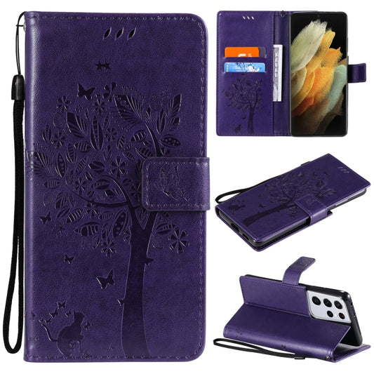 For Samsung Galaxy S21 Ultra 5G Tree & Cat Pattern Pressed Printing Horizontal Flip PU Leather Case with Holder & Card Slots & Wallet & Lanyard(Purple) by buy2fix