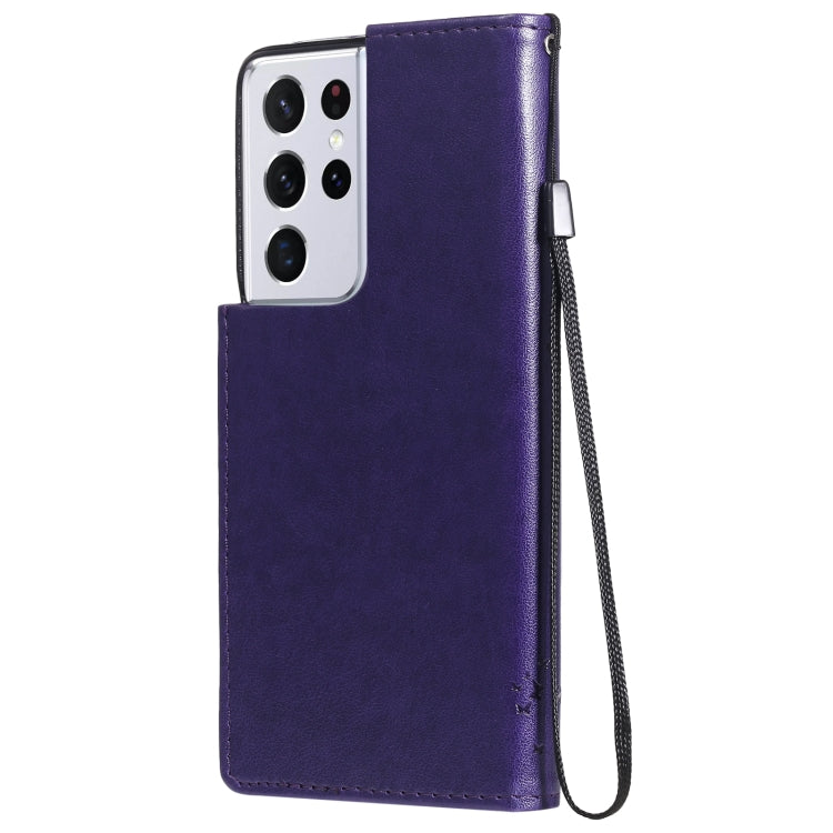 For Samsung Galaxy S21 Ultra 5G Tree & Cat Pattern Pressed Printing Horizontal Flip PU Leather Case with Holder & Card Slots & Wallet & Lanyard(Purple) by buy2fix