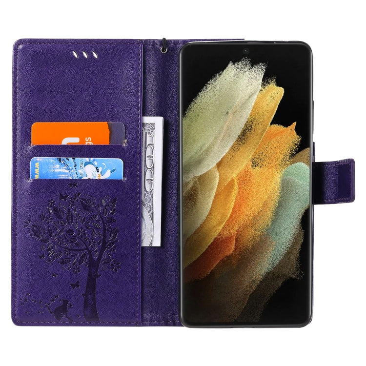 For Samsung Galaxy S21 Ultra 5G Tree & Cat Pattern Pressed Printing Horizontal Flip PU Leather Case with Holder & Card Slots & Wallet & Lanyard(Purple) by buy2fix
