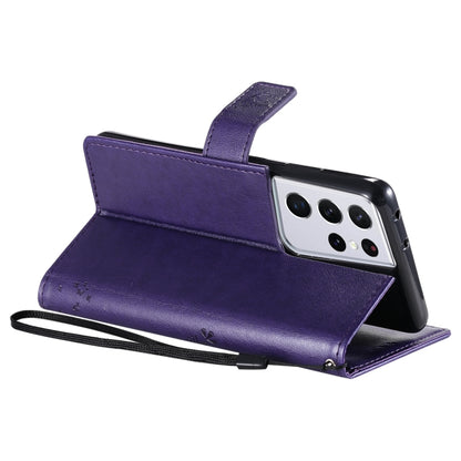 For Samsung Galaxy S21 Ultra 5G Tree & Cat Pattern Pressed Printing Horizontal Flip PU Leather Case with Holder & Card Slots & Wallet & Lanyard(Purple) by buy2fix