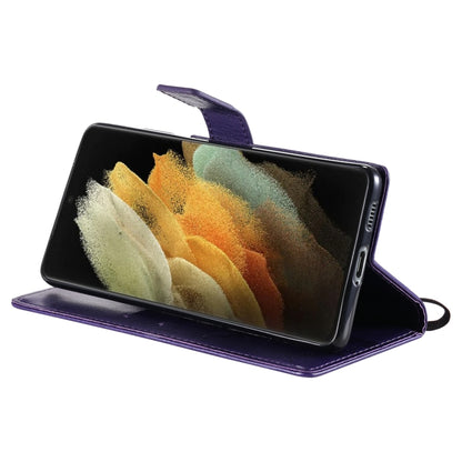 For Samsung Galaxy S21 Ultra 5G Tree & Cat Pattern Pressed Printing Horizontal Flip PU Leather Case with Holder & Card Slots & Wallet & Lanyard(Purple) by buy2fix