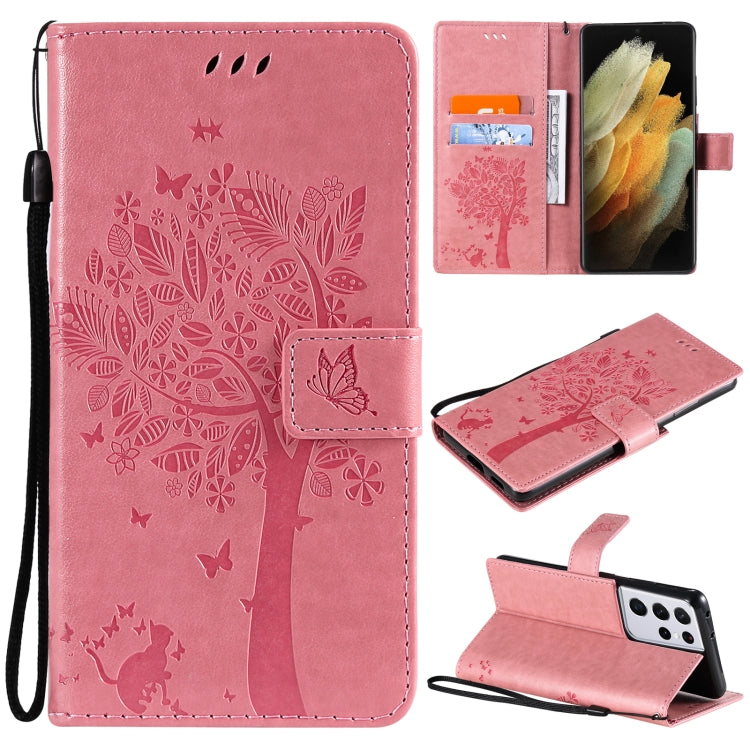 For Samsung Galaxy S21 Ultra 5G Tree & Cat Pattern Pressed Printing Horizontal Flip PU Leather Case with Holder & Card Slots & Wallet & Lanyard(Pink) by buy2fix