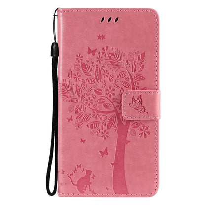 For Samsung Galaxy S21 Ultra 5G Tree & Cat Pattern Pressed Printing Horizontal Flip PU Leather Case with Holder & Card Slots & Wallet & Lanyard(Pink) by buy2fix