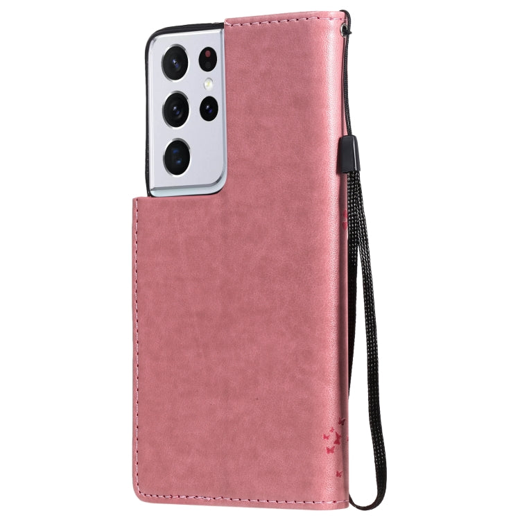 For Samsung Galaxy S21 Ultra 5G Tree & Cat Pattern Pressed Printing Horizontal Flip PU Leather Case with Holder & Card Slots & Wallet & Lanyard(Pink) by buy2fix