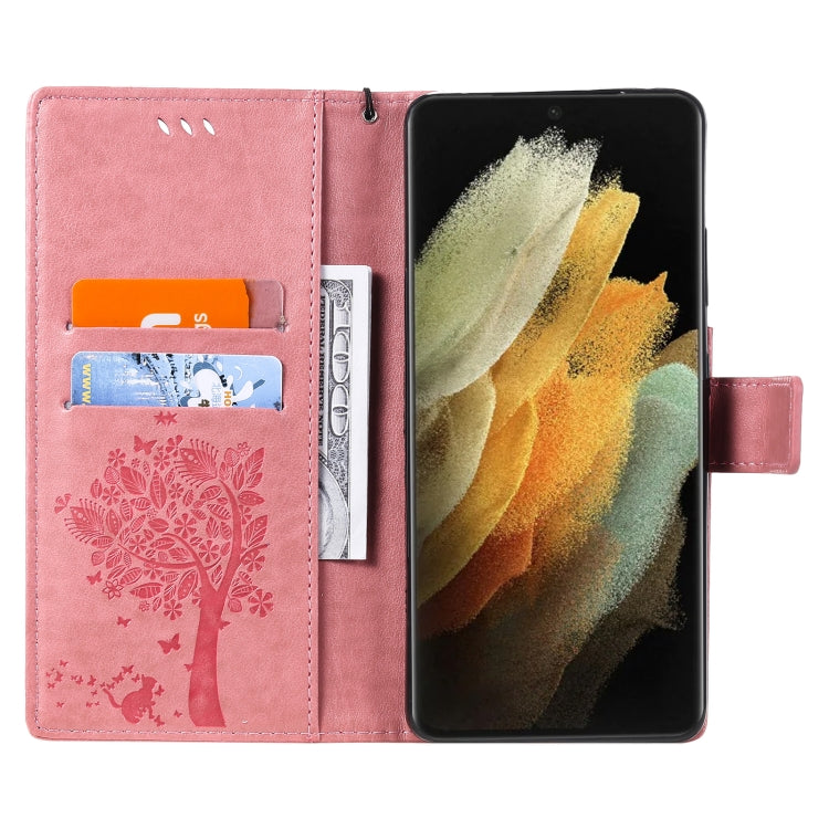 For Samsung Galaxy S21 Ultra 5G Tree & Cat Pattern Pressed Printing Horizontal Flip PU Leather Case with Holder & Card Slots & Wallet & Lanyard(Pink) by buy2fix